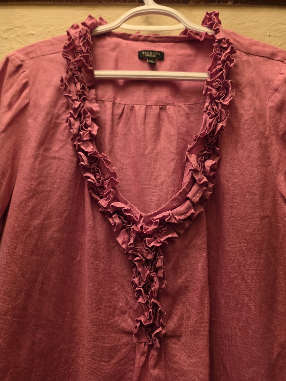 Talbots Pure Linen Pink Ruffle Neck Blouse Size 14 - Picture 4 of 11